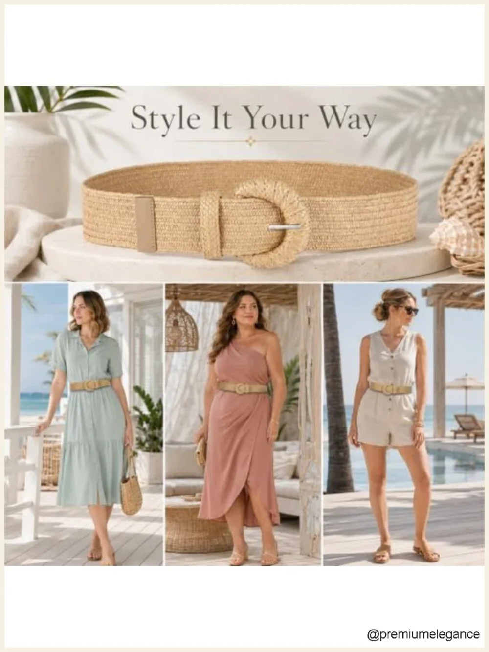 Straw Woven Stretchy Belt with Oval Buckle Boho Elastic Waist Belt